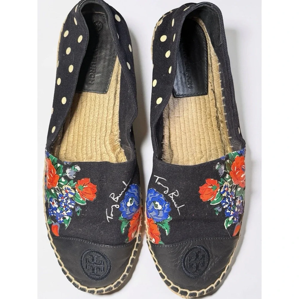 TORY BURCH size 9 Navy blue polka Dot Floral Espadrille Flats Canvas Shoes EUC